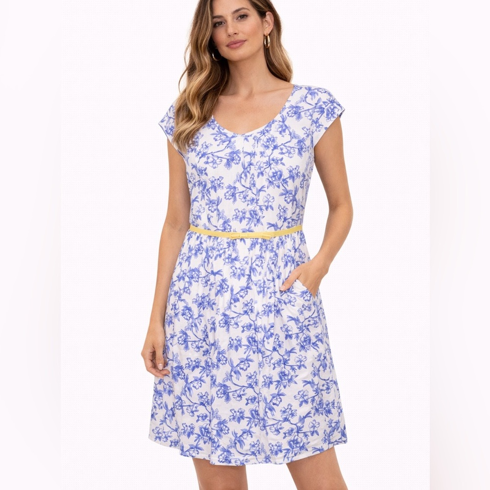 Matilda Jane Size 6 Floral Blue and White Midi Dress with Yellow‎ Trim